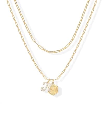 PavoI 14K Gold Plated Hexagon Initial Pendant Layered Necklace for Women | Paperclip Chain