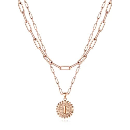 Ursteel Layered Initial Necklaces for Women - 14K Gold Plated Paperclip Chain with Coin Pendant