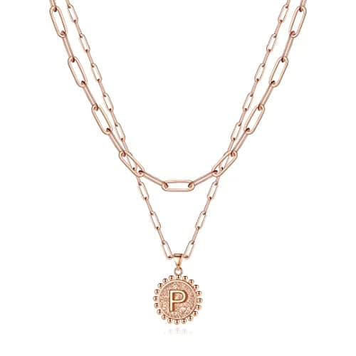 Ursteel Layered Initial Necklaces for Women - 14K Gold Plated Paperclip Chain with Coin Pendant