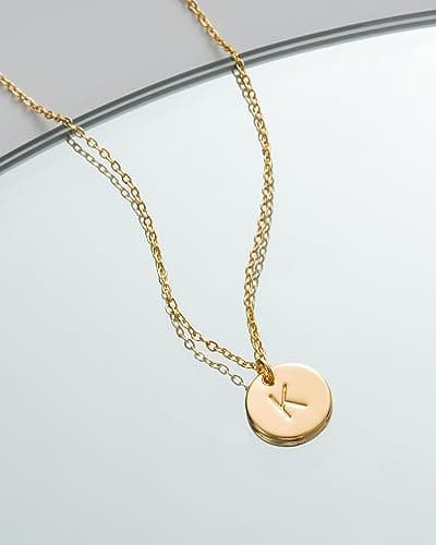 Befettly Bemoly Personalized 14K Gold Plated Letter K Coin Disc Necklace, Engraved Birthday jewelry, 17.5"