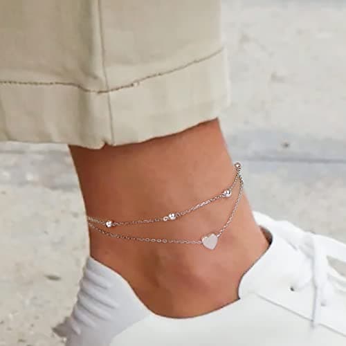 Flyow Sterling Silver Heart Charm Adjustable Anklet for Women