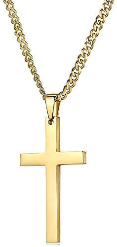 Miami Cuban Link Diamond Cut 18K Gold Chain Cross Pendant Necklace