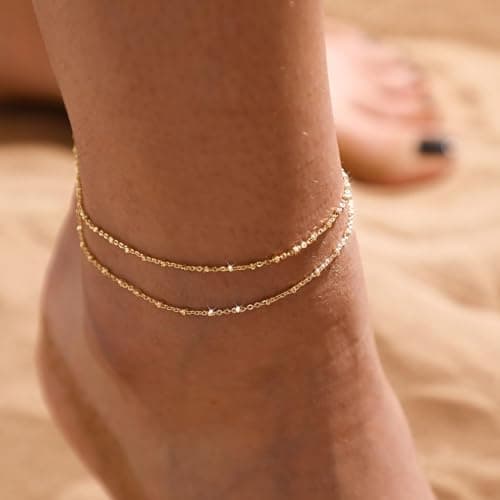 MIDEEO Women's 14K Gold Heart Herringbone Anklets Rhinestone Jewelry Gift
