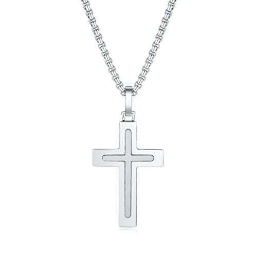 Zillaly Men's Stainless Steel Cross Necklace, Two-Tone Black & Blue Pendant - Gift Box Included
