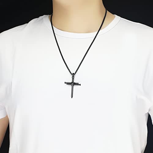 HattiDoris Men's Stainless Steel 24inch 3 Nail Jesus Cross Pendant Necklace Christian Gift