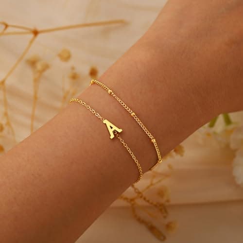 BAYLAY Gold Plated Initial Bracelet for Women - Dainty Letter Jewelry Gift