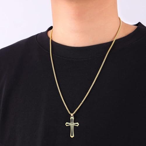 MOOSKI Mens Silver/Gold/Black Cross Necklace, 3mm Chain, Stainless Steel Pendant, Rolo Chain 22-24 Inch