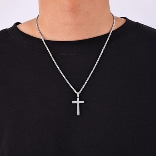 Fiusem Men's Silver Tone Cross Necklace, Stainless Steel Wheat Chain, 16-24 Inch