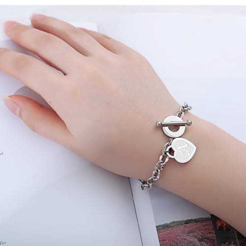 Yipima Heart Charm Name Bangle Bracelet for Women 14K Gold/Silver Tone