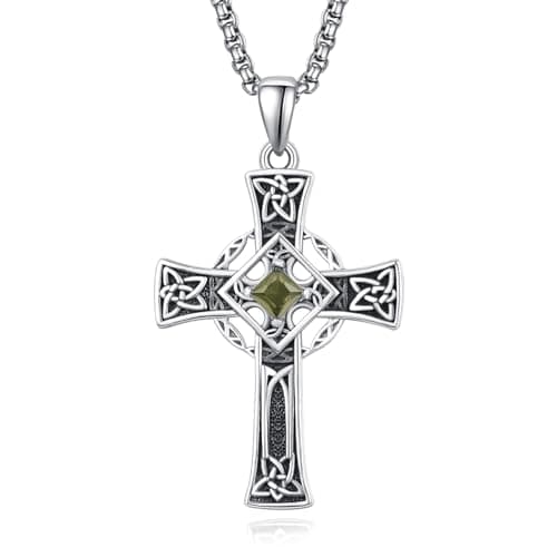 Admetus Sterling Silver Celtic Cross Necklace for Men with Birthstone Chain