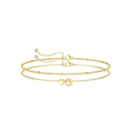 DearMay Dainty Heart Initial Gold Bracelets for Women Trendy 14K Real Gold Jewelry