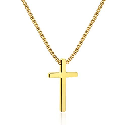 Men's Stainless Steel Cross Pendant Necklace, Silver Black Gold, 16-30 Inches Box Chain