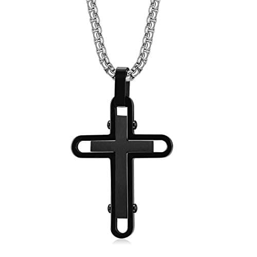 Holizaly Men's 316L Stainless Steel Cross Pendant White/Gold/Black/Blue Rolo Chain-Gift Box Included