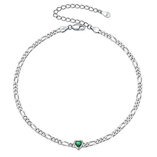 Chic Silver 925 Sterling Heart Birthstone Figaro Anklet for Women (with Gift Box)