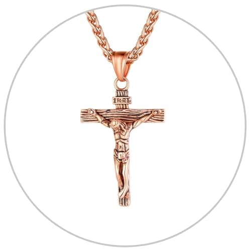 Antique U7 Men's Crucifix Necklace, 18K Gold Tone & Stainless Steel, 22" Chain, Gift Packed