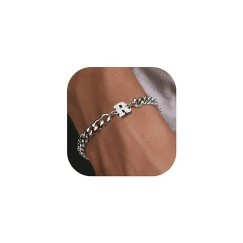 Stainless Steel Initial Bracelet for Men - Dainty Silver Cuban Link