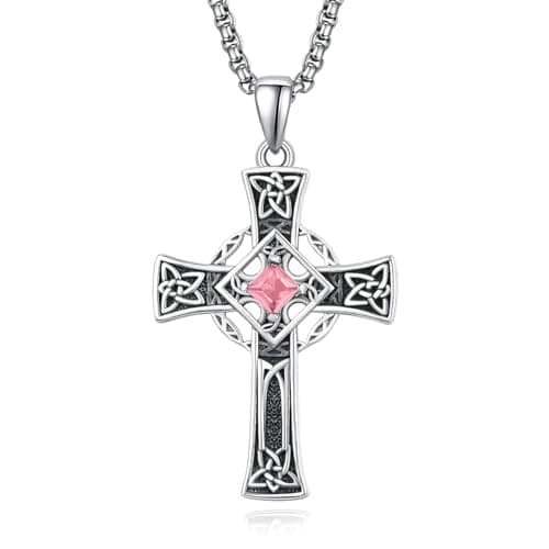 Admetus Sterling Silver Celtic Cross Necklace for Men with Birthstone Chain