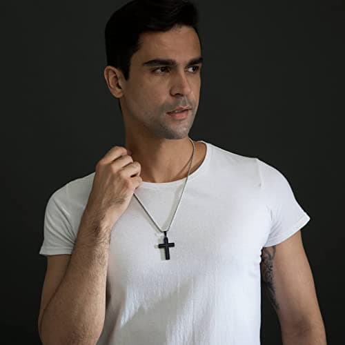 Zillaly Men's Stainless Steel Cross Necklace, Two-Tone Black & Blue Pendant - Gift Box Included