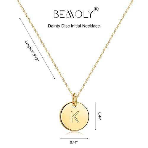 Befettly Bemoly Personalized 14K Gold Plated Letter K Coin Disc Necklace, Engraved Birthday jewelry, 17.5"