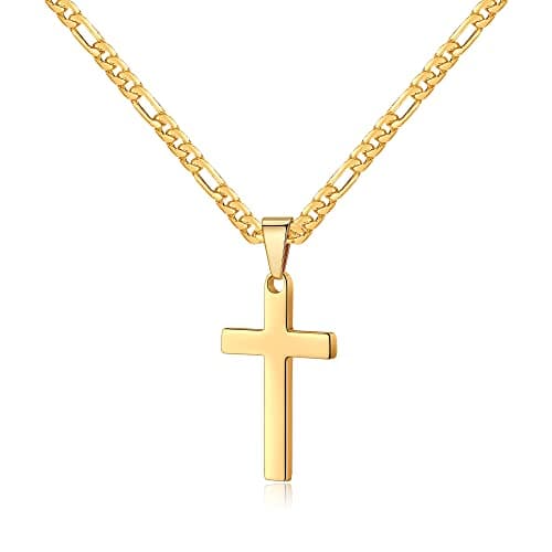 LUXEJEW Stainless Steel Figaro Chain Cross Pendant Necklace - Black, Silver, Gold