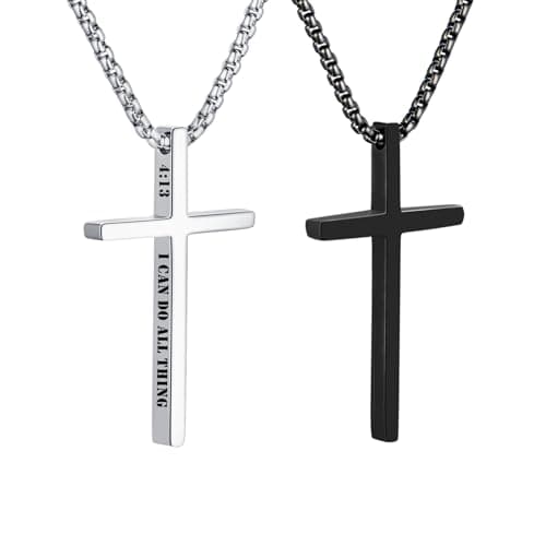 OLARCU Men's Silver & Black Stainless Steel Bible Verse Cross Pendant Necklace