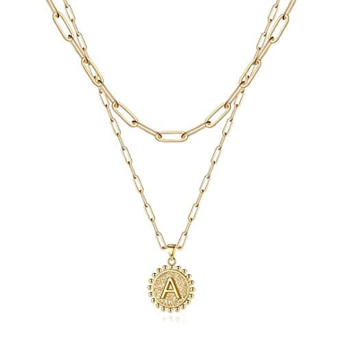 Ursteel Layered Initial Necklaces for Women - 14K Gold Plated Paperclip Chain with Coin Pendant