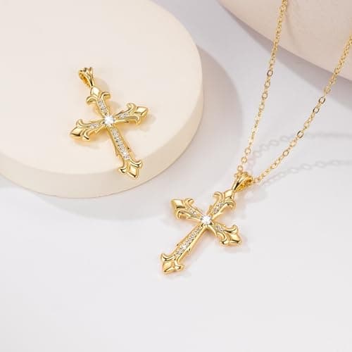 Chantel Yorke 14K Gold Cross Necklace Women's Baroque Pendant CZ Stones 43cm