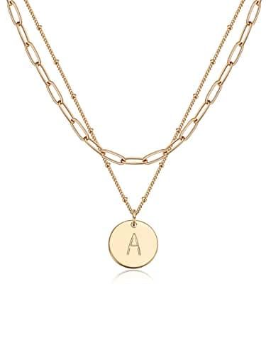 MEVECCO 18K Gold Plated Double Layered Initial Necklace Gift for Women