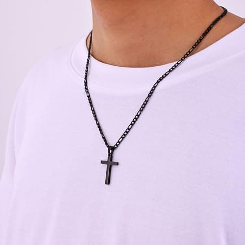 Fiusem Men's Stainless Steel Black Cross Necklace, 3.5mm Figaro Chain 16-24 Inches