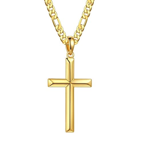 Sterling Silver Cross Pendant Necklace for Men and Women, 18K Gold Plated Figaro Chain