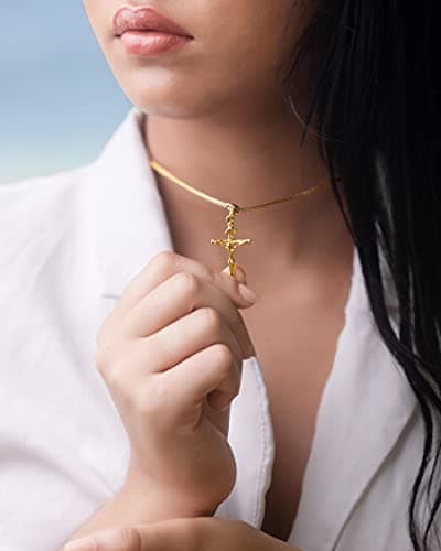 Barzel Cross Necklace 18K Gold Plated Flat Chain for Men & Women