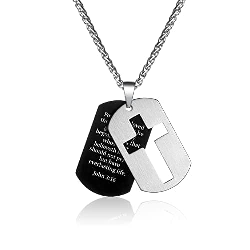 P. Blake Men's Stainless Steel Dog Tag Cross Necklace with Wheat Chain Valentine's Day Jewelry