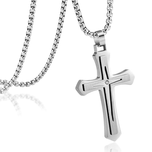MOOSKI Mens Silver/Gold/Black Cross Necklace, 3mm Chain, Stainless Steel Pendant, Rolo Chain 22-24 Inch