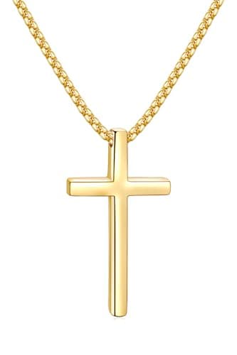 Fiusem Men's Silver/Gold/Black Cross Necklace, 2.5mm Chain, Stainless Steel Pendant, 16-24 Inch