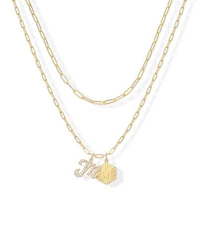 PavoI 14K Gold Plated Hexagon Initial Pendant Layered Necklace for Women | Paperclip Chain