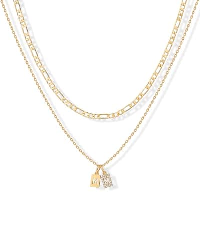 PavoI 14K Gold Plated Initial Double Dog Tag CZ Necklace for Women