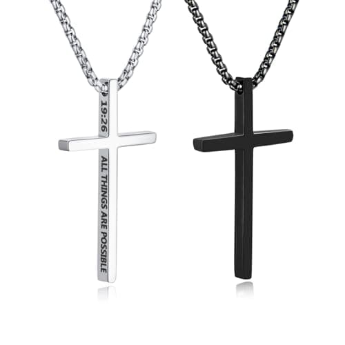 OLARCU Men's Silver & Black Stainless Steel Bible Verse Cross Pendant Necklace