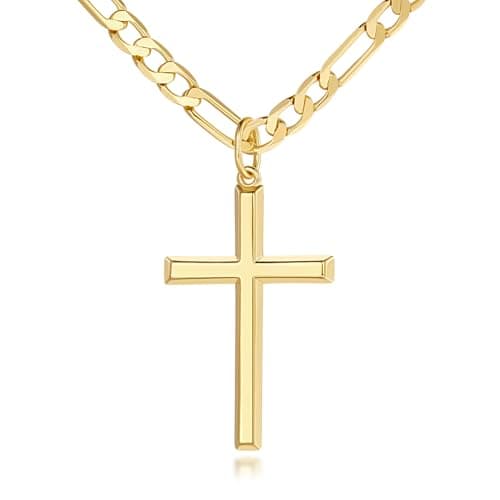 Verniflloga Men's 14k Gold Large Cross Figaro Chain Necklace 20-24 Inch