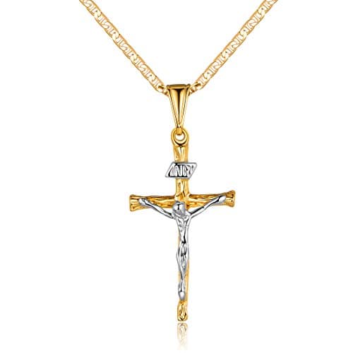 Barzel Cross Necklace 18K Gold Plated Flat Chain for Men & Women