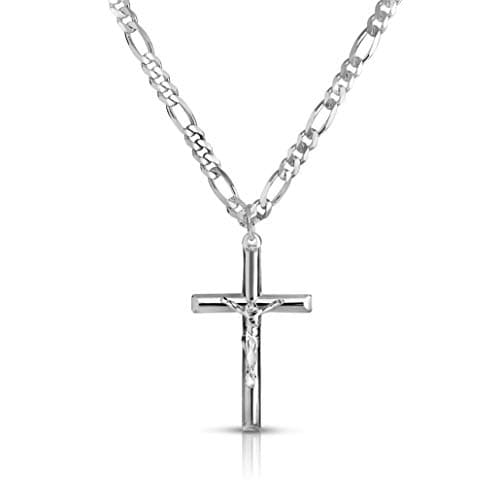 Verona Jewelers 24" Stainless Steel Figaro Chain Necklace with Silver Crucifix Pendant