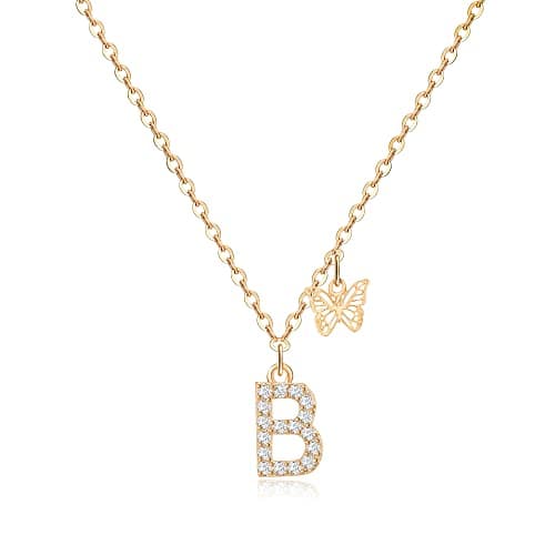 MJartoria Dainty Initial Gold Plated Butterfly Necklace, Cubic Zirconia Jewelry for Women