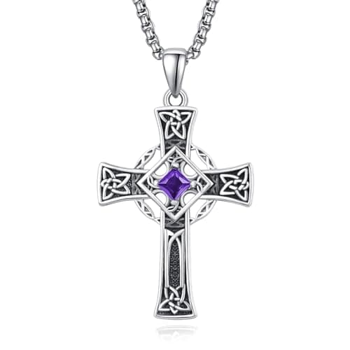 Admetus Sterling Silver Celtic Cross Necklace for Men with Birthstone Chain
