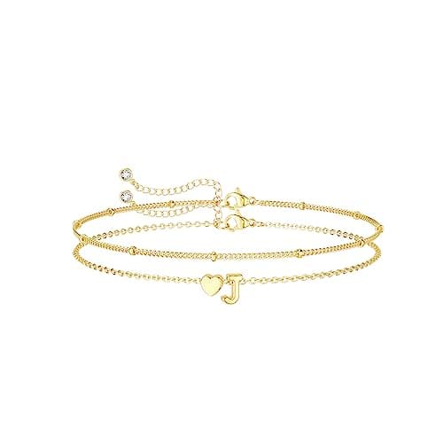 DearMay Dainty Heart Initial Gold Bracelets for Women Trendy 14K Real Gold Jewelry