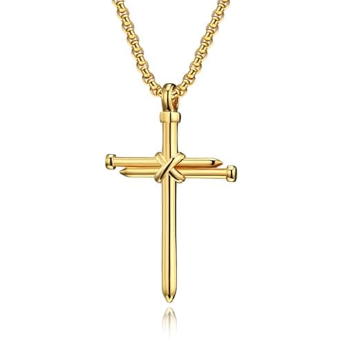 Stainless Steel Vintage Black Gold Silver Nail Cross Pendant Chain Necklace for Men