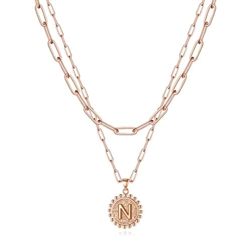 Ursteel Layered Initial Necklaces for Women - 14K Gold Plated Paperclip Chain with Coin Pendant