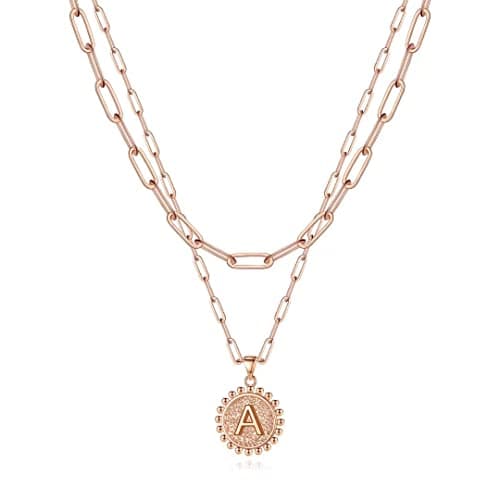 Ursteel Layered Initial Necklaces for Women - 14K Gold Plated Paperclip Chain with Coin Pendant