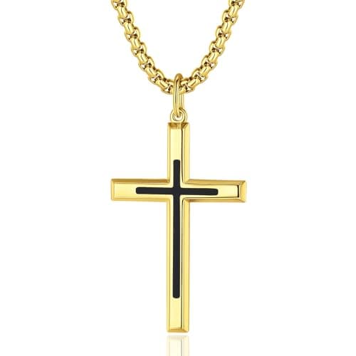 FANCIME Black Cross Sterling Silver PendantLong NecklaceFine Jewelry Stainless Steel Box Chain 24"
