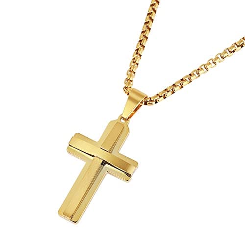 Men's Edforce Stainless Steel Double Layer Cross Pendant Necklace, 24" Chain