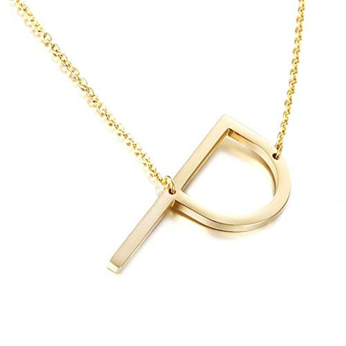 MOMOL Sideways Initial Necklace - Large 18K Gold Plated Stainless Steel Pendant for Women