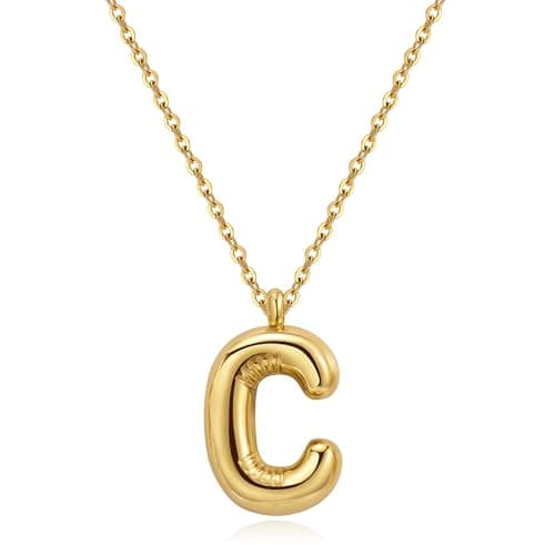 YeGieonr Tarnish-Free Gold Stainless Steel Initial Necklace with Bubble Letter Pendant
